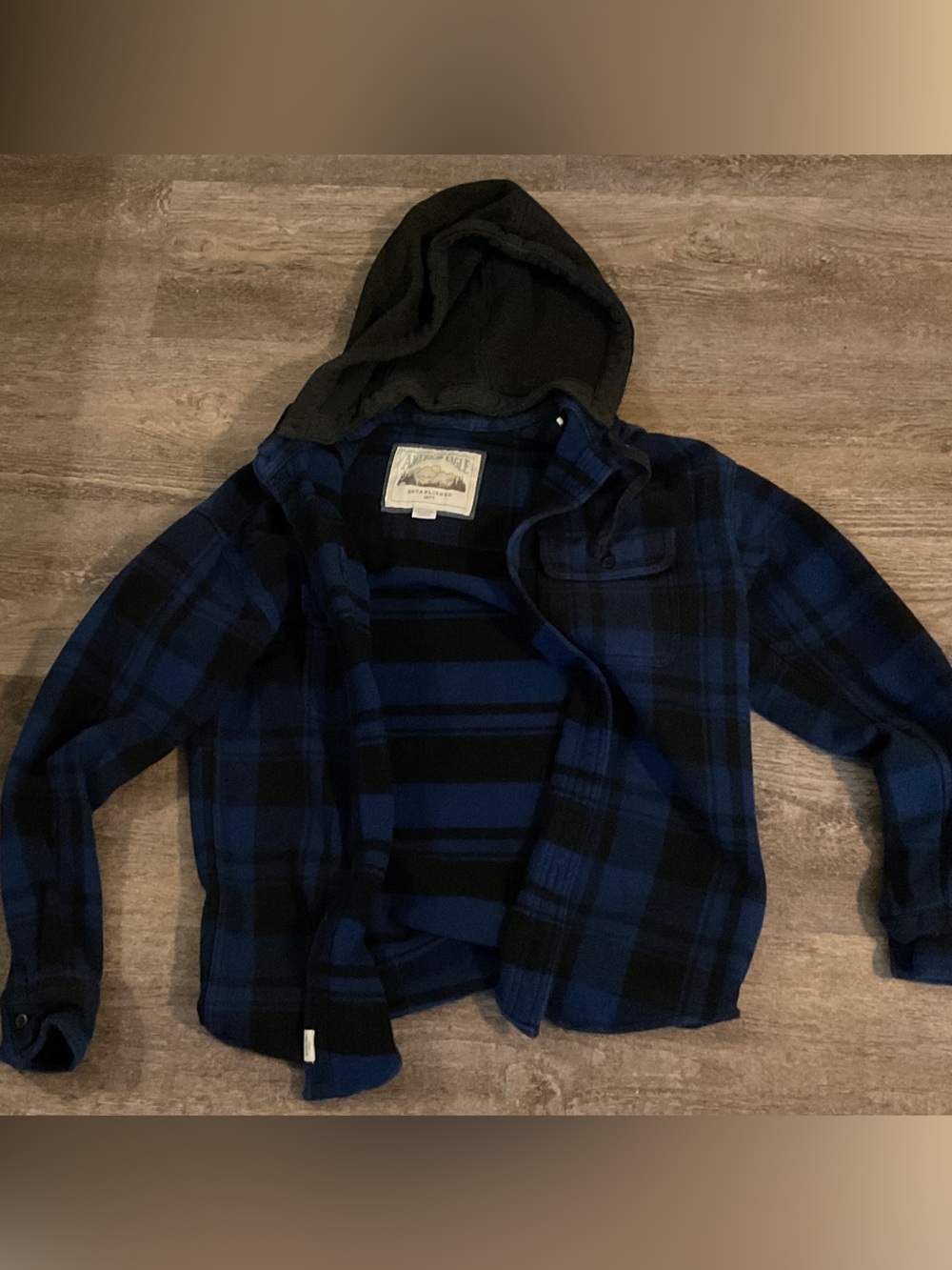 American Eagle Blue & Black Plaid Hooded Flannel Jacket